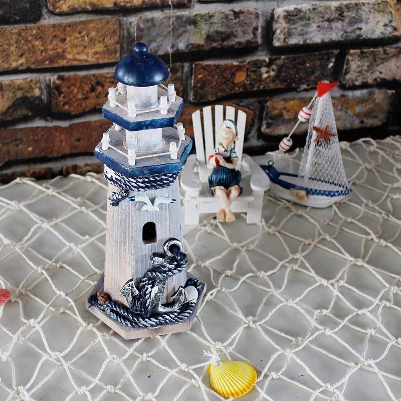 WHY DECOR Lighthouse Decor Nautical Decoration Wood Light House Figurine Beach House Coastal Decor Table Ocean Seaside Theme Home Lake House Bathroom Shelf Centerpiece 10.25" Blue - Image 5